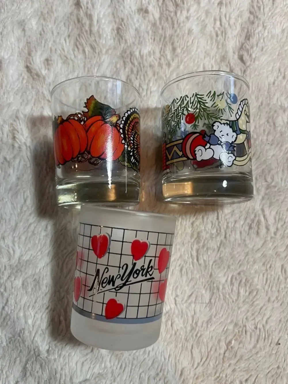 Vintage Holiday & New York Glass Shot Set - Pumpkin, Santa Bear, Hearts